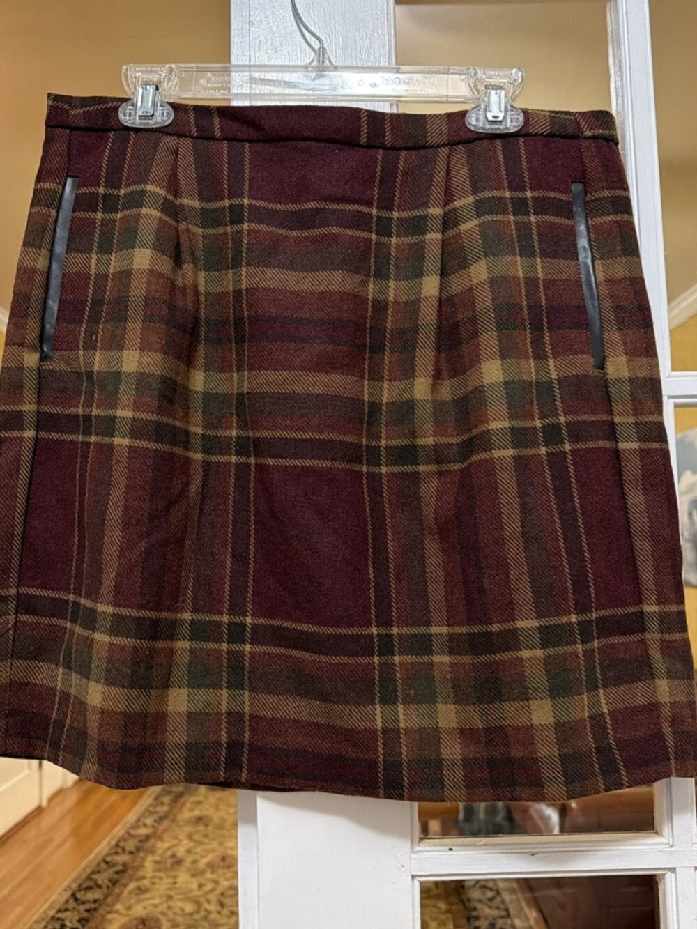 TOMMY HILFIGER Women Wool Blend Skirt 14 Plaid Lined Pockets Foux Leather Trim